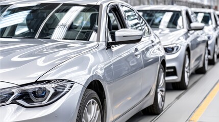 A close-up view of multiple newly manufactured silver cars lined up on an assembly line or parking lot, highlighting their modern design and sleek reflections.