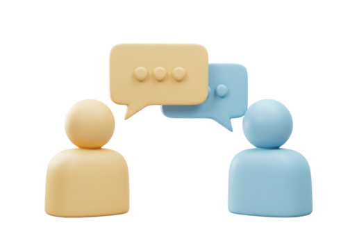 Two 3D people figures with speech bubbles isolated on transparent background, communication concept in pastel colors PNG