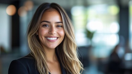 A young smiling woman with long hair in an office setting, friendly atmosphere.
A good addition to articles about careers, work processes, or positive team atmosphere.
