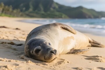 Monk Seal Resting On Sandy Shoreline In Hawaii