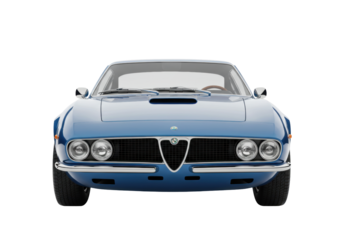 Isolated blue Italian classic car, front view, vintage automotive icon, design aesthetic