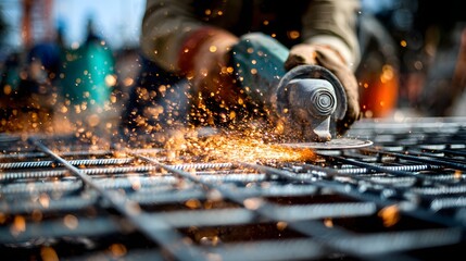 Dynamic shot captures sparks flying from a power tool as it cuts through metal framework, highlighting construction work, manual labor, and engineering with an emphasis on industrial process 