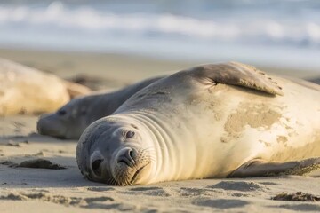 Seals Resting on Sunny Sandy Beach Coastal Scene