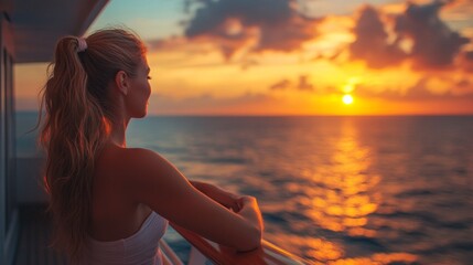 A girl with a high ponytail watches the sunset over the sea, the sun's rays reflecting off the water, creating an atmosphere of calm and freedom.
It perfectly conveys the mood of travel, cruises 