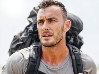 A determined and sweaty man with a beard, carrying a large backpack, looking focused during a challenging outdoor trek.