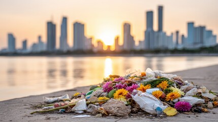 Trash, plastic, and flowers on concrete near water, city skyline and golden sunset in background.