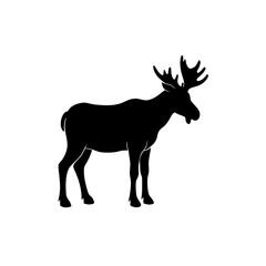Obraz premium Silhouette illustration of a large moose with prominent antlers standing in a side profile view against white on transparent background