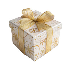 Golden ribbon wrapped present box, festive holiday gift isolated on transparent background