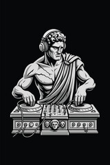 Fototapeta premium Ancient Roman Greek God Statue as DJ Mixing on Turntables with Headphones Vector Illustration T-Shirt Design Modern Vintage Art.Adobe Illustrator Artwork