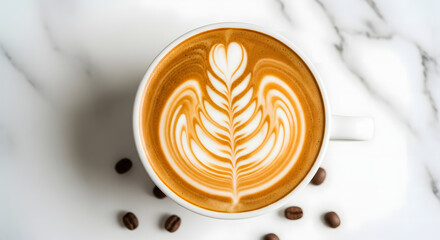Overhead view of latte art in a white cup with coffee beans on a marble surface background