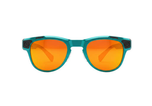 Teal smart glasses with orange lenses isolated on transparent background, wearable technology for augmented reality and hands-free communication PNG