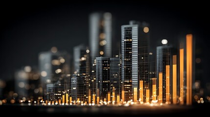 Modern Night City Skyline with Illuminated Skyscrapers and Bright Financial Graphs
