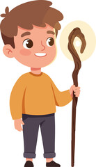 Cartoon Style Boy Holding Magic Staff with Glowing Light Illustration
