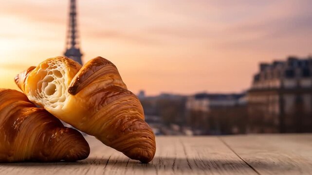Golden hour croissants on wooden table with Eiffel Tower Paris skyline