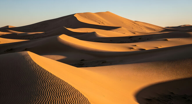 A scenic view of sand dunes with textured surfaces in a desert landscape during golden hour lighting
