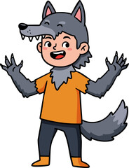 Cartoon Cheerful Boy in Wolf Costume for Halloween Party Celebration