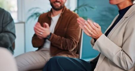 Hands, support group and clapping for therapy success, addiction recovery and progress. Happy people, psychology and circle with applause to celebrate AA achievement, congratulations and sober goal