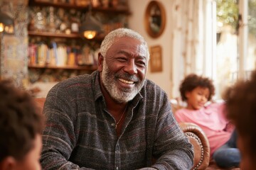 Fototapeta premium Smiling African-American grandpa sits surrounded by family indoors. Perfect for family values, togetherness, love, and happy relationships.