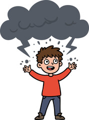 Cartoonish Flat Illustration Worried Man Under Dark Cloud with Lightning