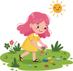Cartoon Playful Girl Picking Up Stone in Sunny Nature Illustration