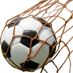 Soccer Ball in Net: Closeup of Black and White Ball in Golden Goal Net