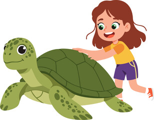 Cute Cartoon Style Little Girl Petting a Large Green Turtle Illustration
