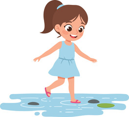 Cute Cartoon Little Girl Character Walking Across Puddle Illustration