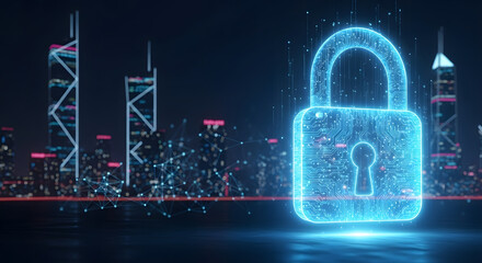 A glowing blue digital padlock over a dark cityscape with illuminated buildings and network connections