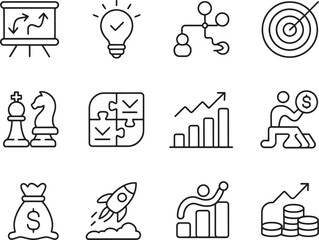 Business strategy and financial growth icons representing planning success creativity teamwork leadership profit innovation and market direction