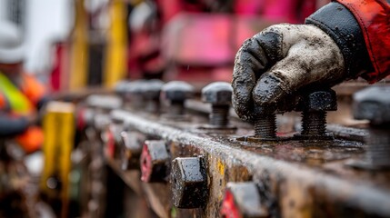 Naklejka premium view showcases a worker's gloved hand meticulously tightening a bolt on machinery, detailed with visible dirt and grime, indicating manual labor, alongside equipment with visible bolts.
