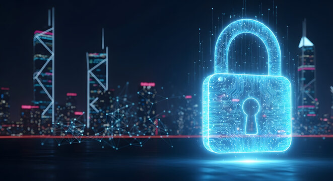 A glowing blue digital padlock over a dark cityscape with illuminated buildings and network connections