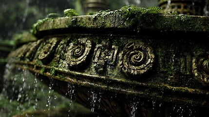 Moss-covered Ancient Stone Fountain Decorative Carving in Rainy Forest Setting
