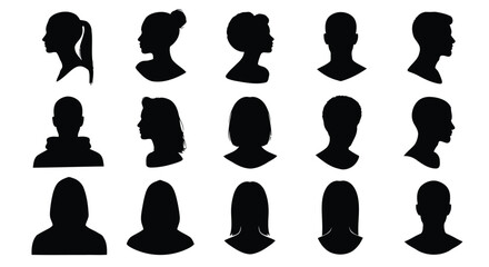 Vector illustration of diverse silhouette profile icons of men and women, showcasing various hairstyles and headwear
