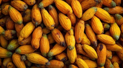 Fototapeta premium A pile of bright yellow-orange immature mangoes, seen from above. It shows tropical fruit harvested or processed, or food close-up.