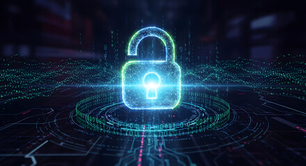 Digital lock symbol glowing with binary code and circuit board pattern in a dark environment