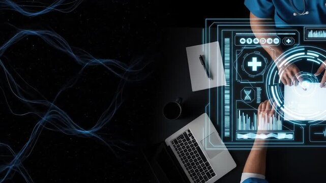 Doctor using digital interface for medical data analysis and diagnosis. - Powered by Adobe