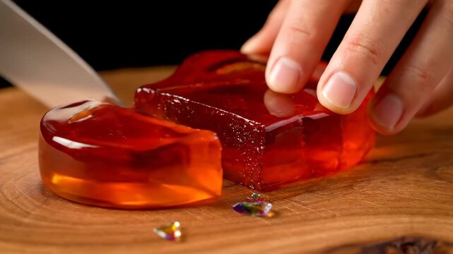 Chef hands precisely cutting a vibrant red translucent jelly with a sharp knife on a rustic wooden cutting board, preparing a sweet dessert or culinary ingredient with care
