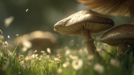 Mushrooms Growing in Sunlit Forest Floor Surrounded by Small White Flowers