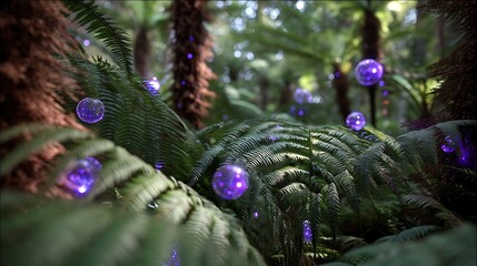 Mystical Forest Scene with Glowing Purple Spheres Among Green Ferns and Tall Trees