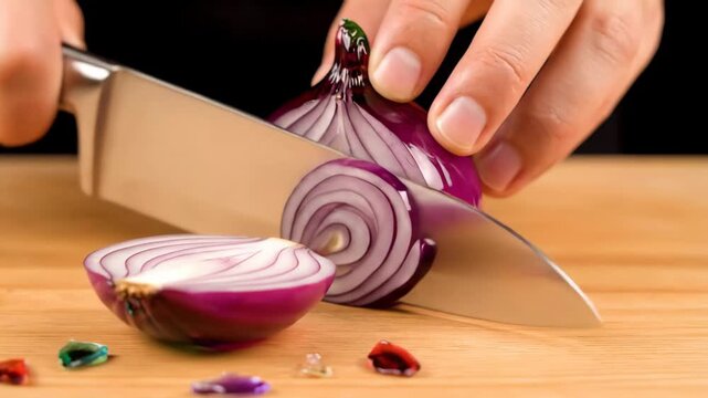 Hand slicing a vibrant red onion with a sharp knife on a light wooden chopping board, close-up preparing fresh, raw ingredients for home cooking and healthy meals