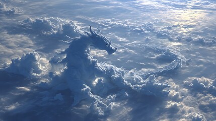 Mythical Cloud Unicorn with Twisting Horn Surrounded by Fluffy Clouds in Bright Sky