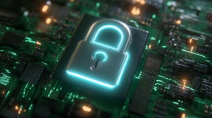 Neon Glowing Lock Icon on Circuit Board in Digital Security Concept