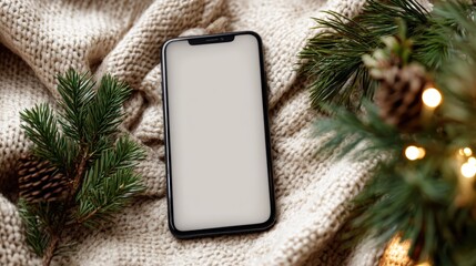 A black cell phone is laying on a blanket with pine needles on top of it