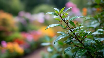 Obraz premium Dew-kissed leaves of a vibrant green shrub display a captivating , set against a softly blurred backdrop of colorful blooms and lush foliage within a serene garden.