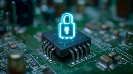 Neon Lock Icon on Circuit Board in Cybersecurity Technology Environment