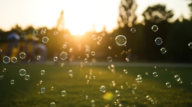 Golden Sunset Soap Bubbles Floating Over Park Lawn with Bokeh Lights