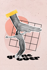 Poster image vertical photo collage of puzzled employee businesswoman run hand control marionette...