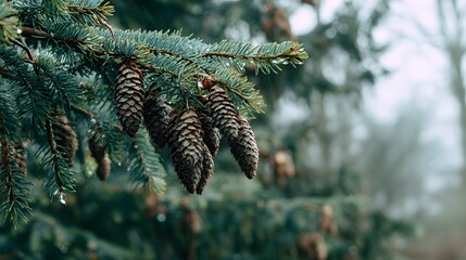 view showcases a vibrant green spruce branch adorned with multiple brown pine cones, glistening droplets, and textured needles, set against a blurred, hazy, and soft forest background.