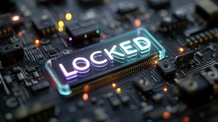 Neon Glowing Locked Sign on Circuit Board Technology Background