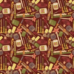 Seamless decorative pattern with different burning candles, candlesticks and cozy warm details. Ideal background for festive, autumn or winter themed designs.